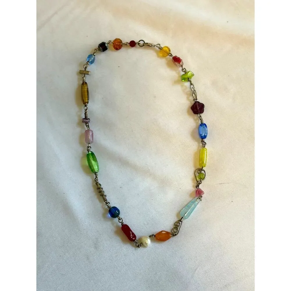 Art Glass Artisan Made Beaded Necklace on 925 Sterling 16in Colorful Whimsical